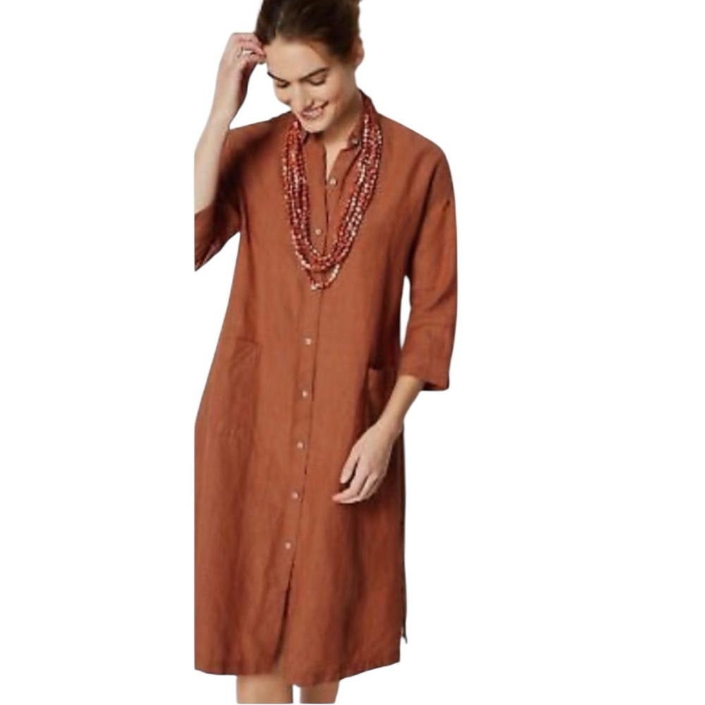 J. Jill Women’s Linen Button Up 3/4 Sleeve Shirt  Dress Orange Rust Size Medium